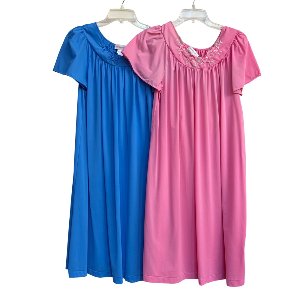 Vintage Shadowline Nightgown Set 2pk Blue Pink Floral Embroidered Nylon Small